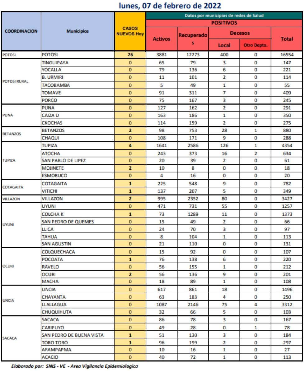 Reporte departamental del Sedes Potosí