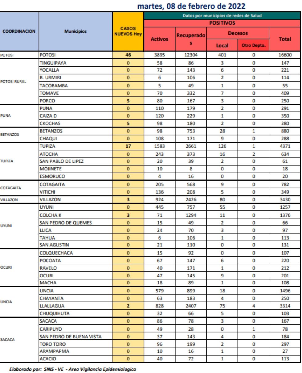 Reporte departamental del Sedes Potosí