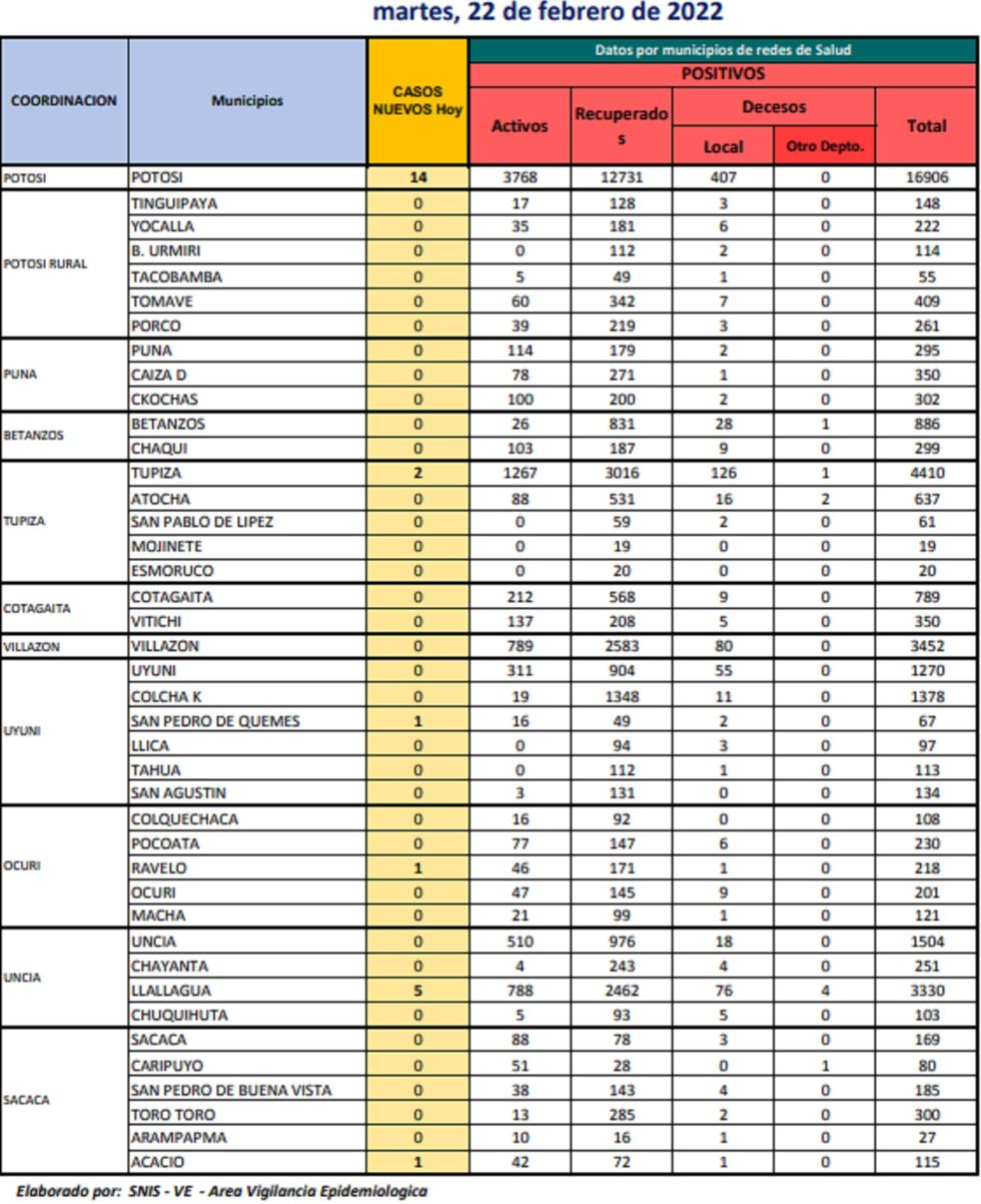 Reporte departamental del Sedes Potosí
