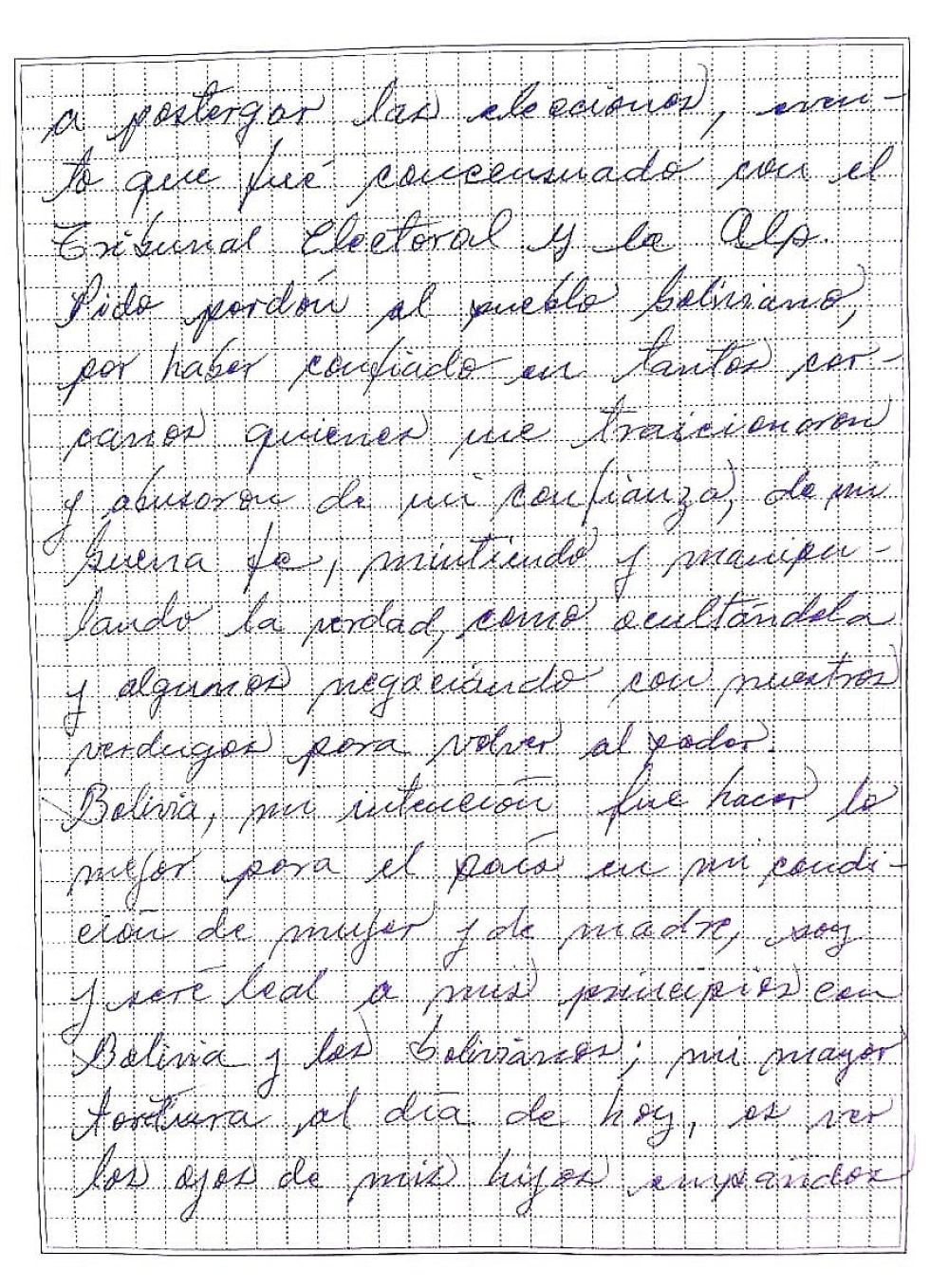 Carta de la exmandataria.