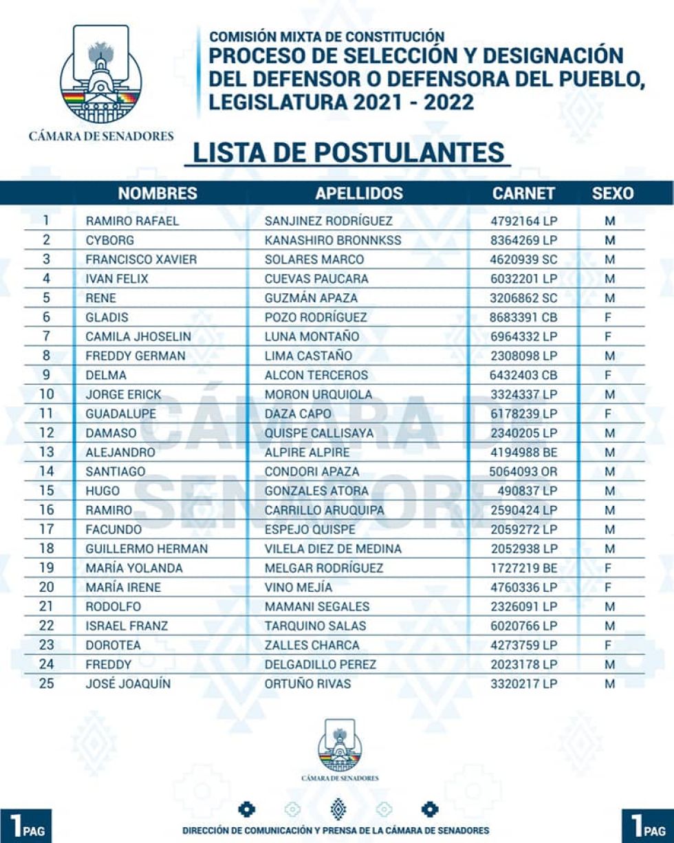 La lista de los postulantes FOTO: Cámara de Senadores del Estado Plurinacional de Bolivia