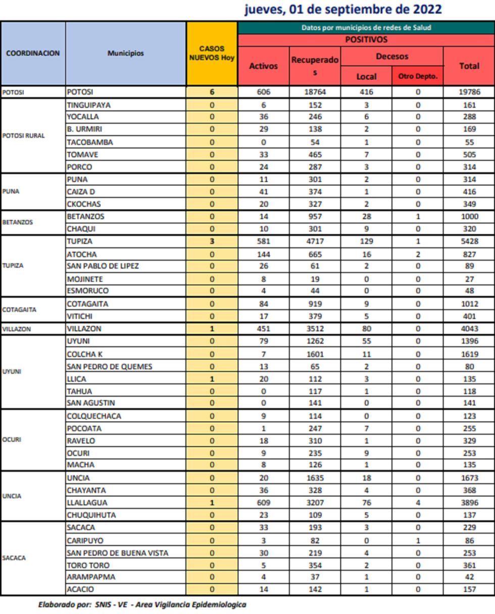 Reporte departamental del Sedes Potosí