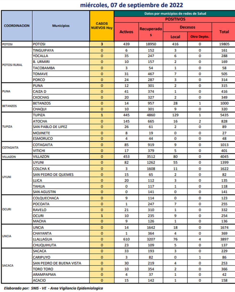 Reporte departamental del Sedes Potosí