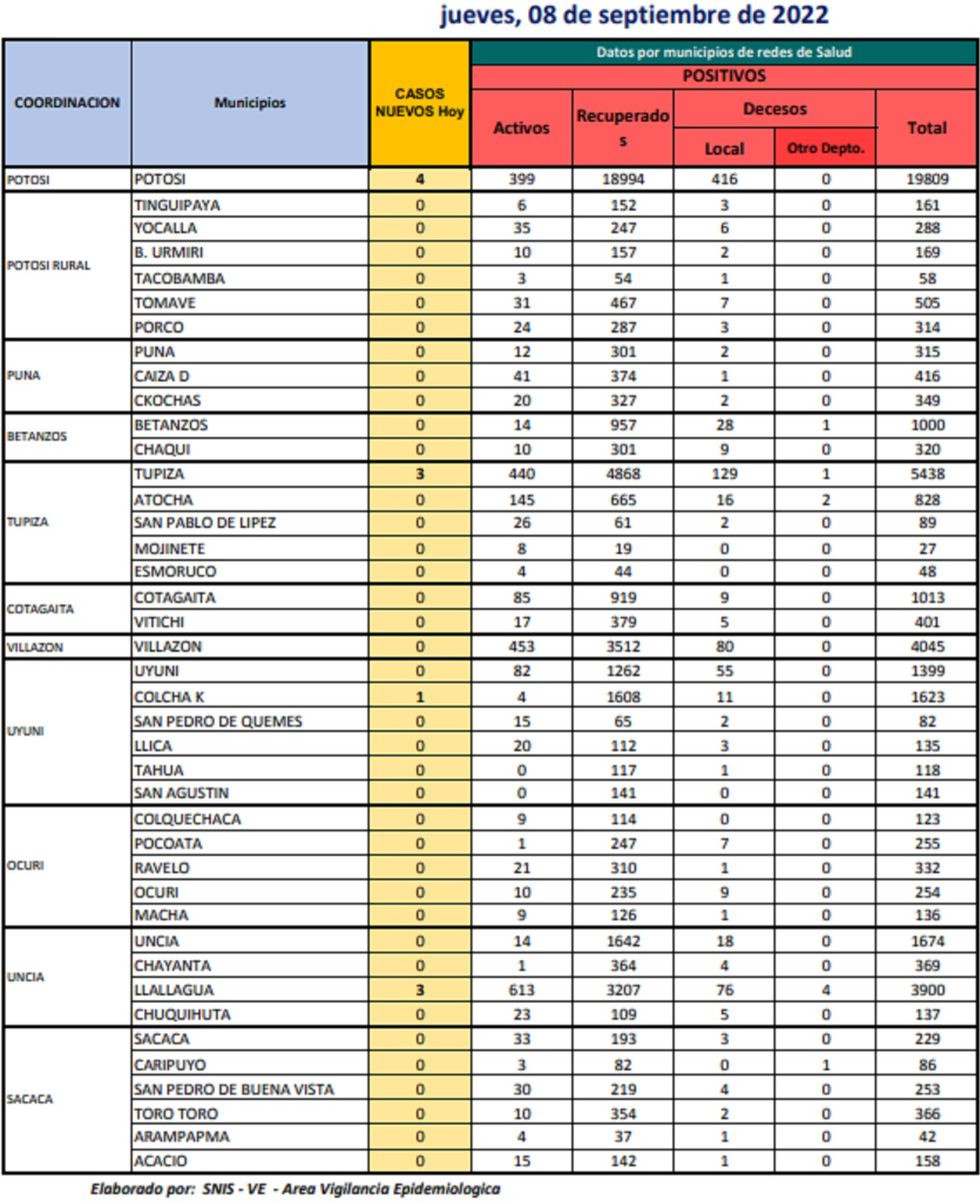 Reporte departamental del Sedes Potosí