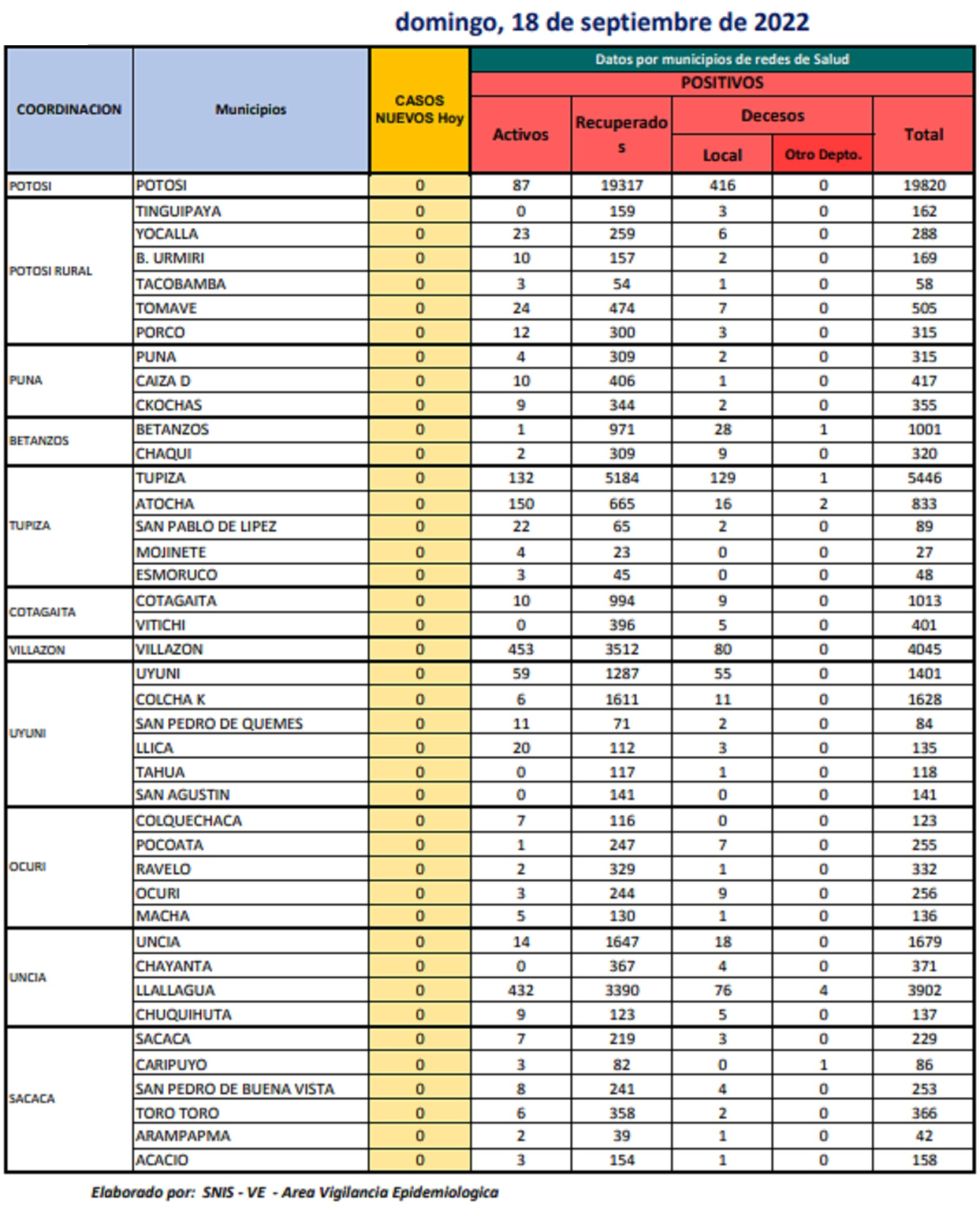Reporte departamental del Sedes Potosí