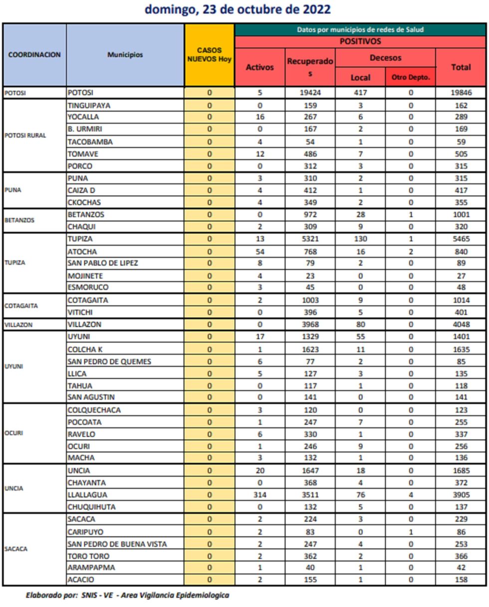 Reporte departamental del Sedes Potosí