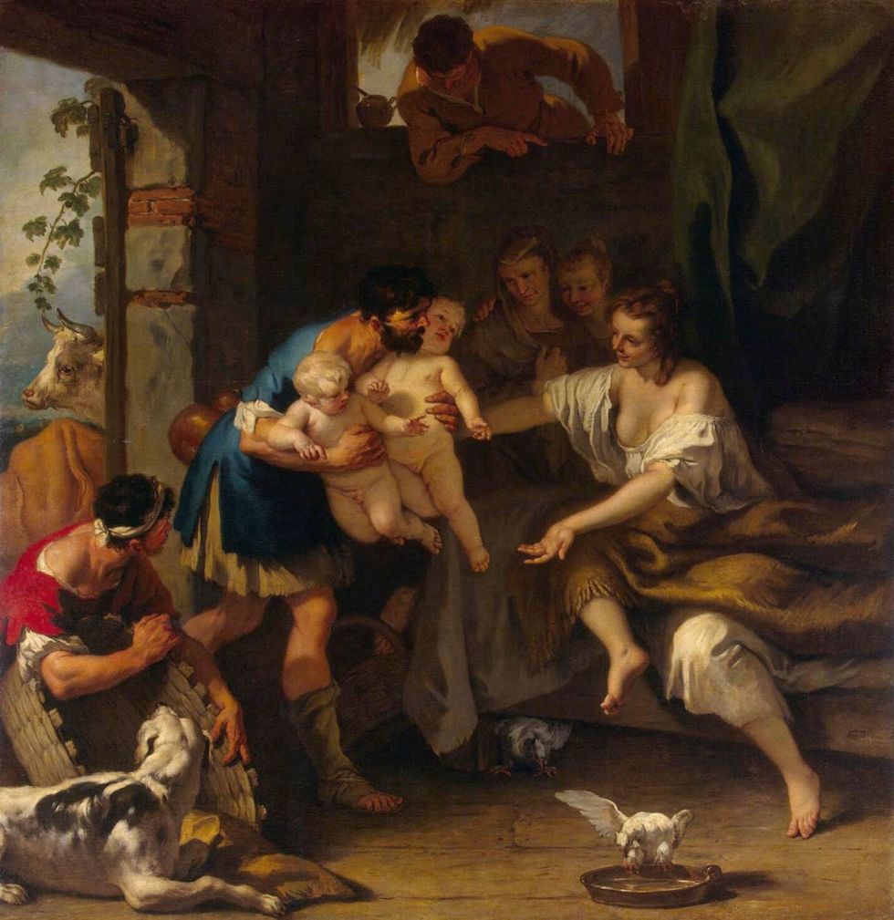 Faústulo entrega a Rómulo y Remo a su pareja, Acca Larentia. Nicolas Mignard, 1654.