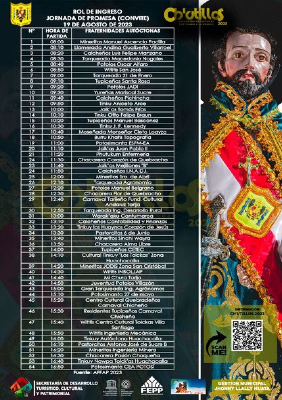A las 7:30 se desarrolló el ingreso de la comitiva por la ruta de la festividad de Ch’utillos en la primera jornada de convite de este año.