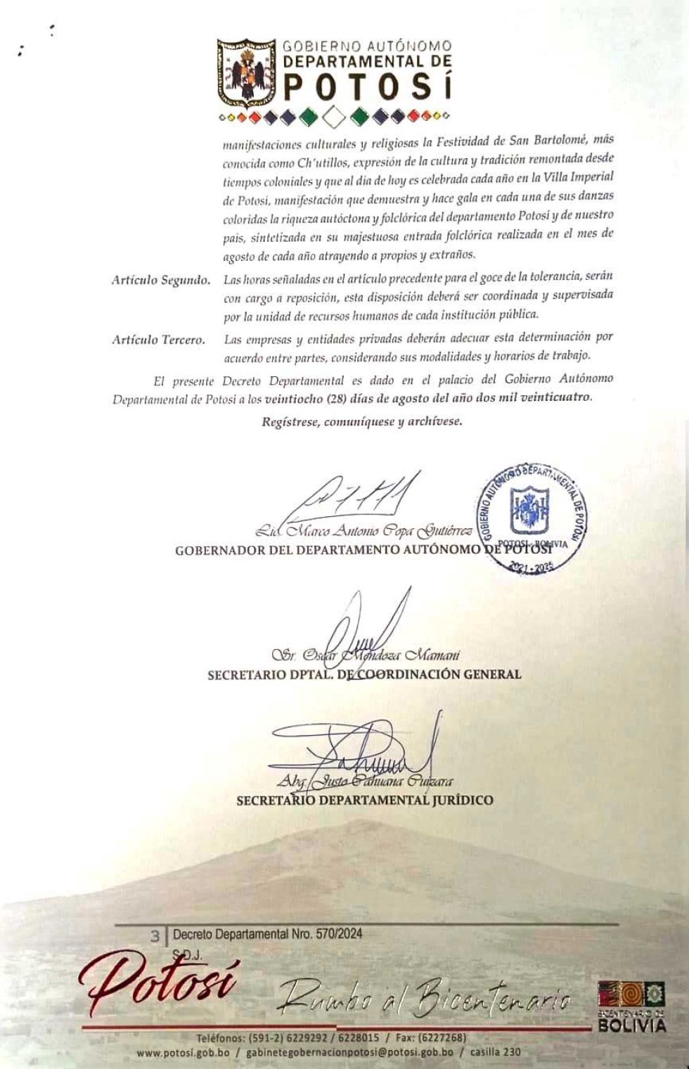 La parte resolutiva del Decreto Departamental.