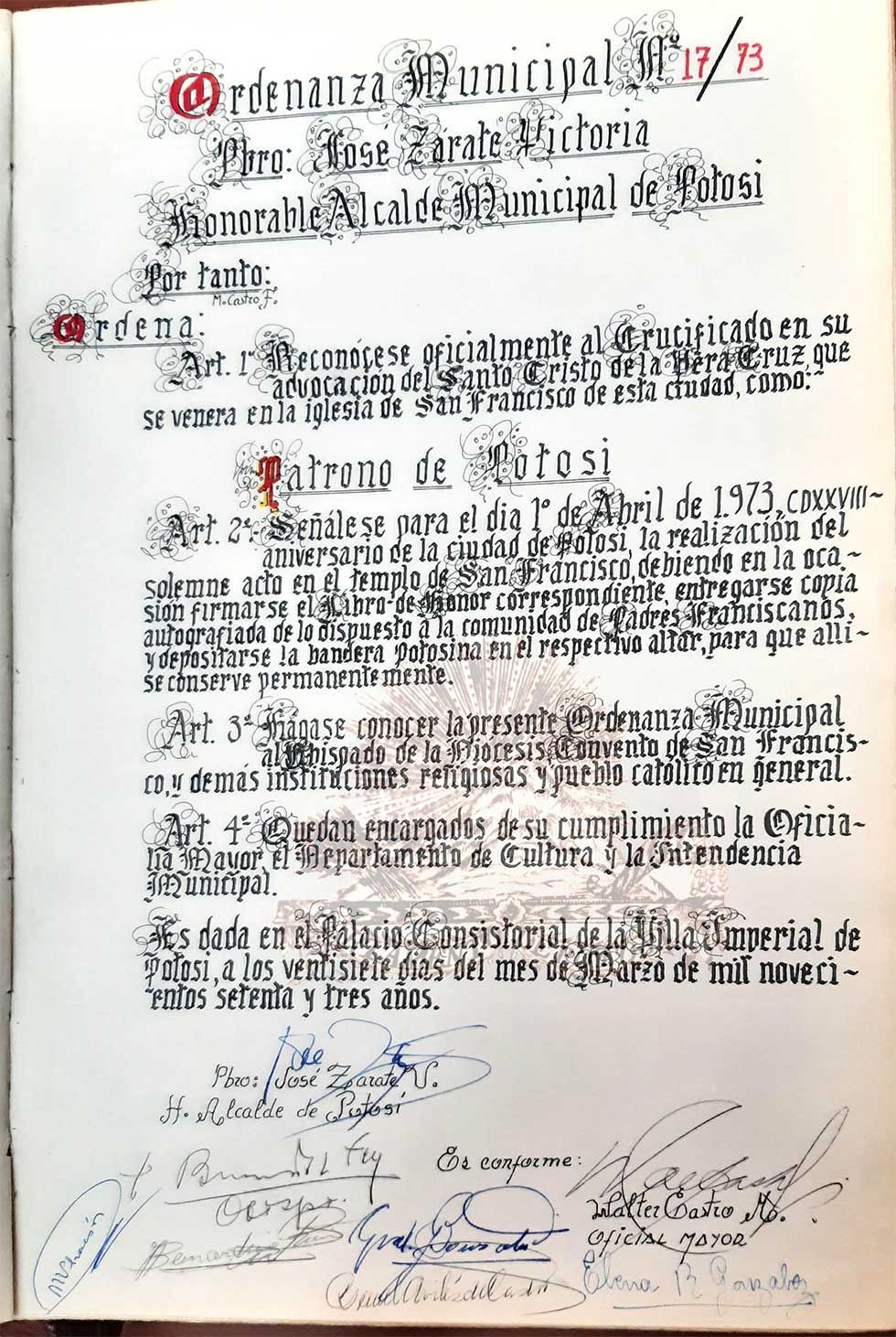 Ordenanza Municipal que declara al Señor de la Vera Cruz, patrono de Potosí.