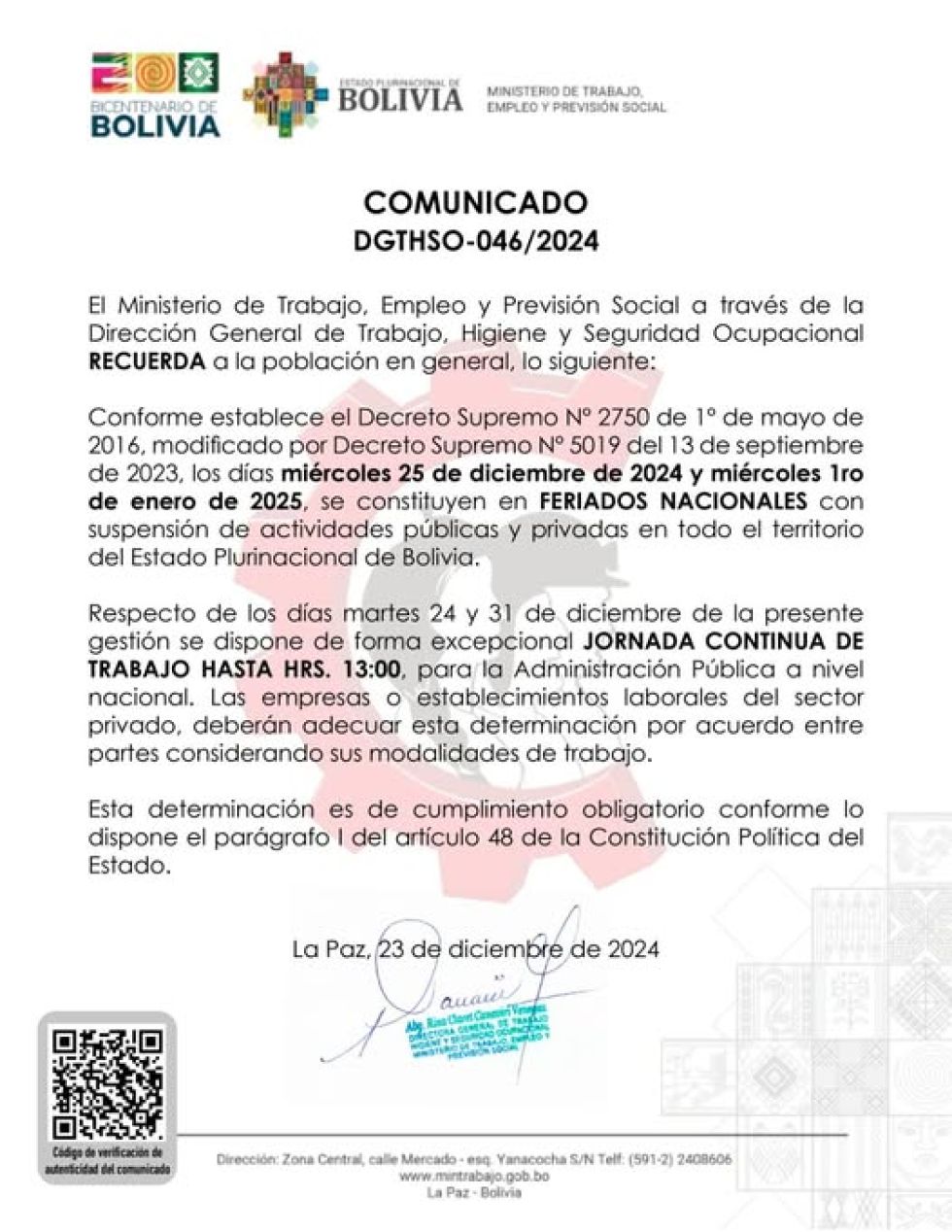 comunicado de la institución