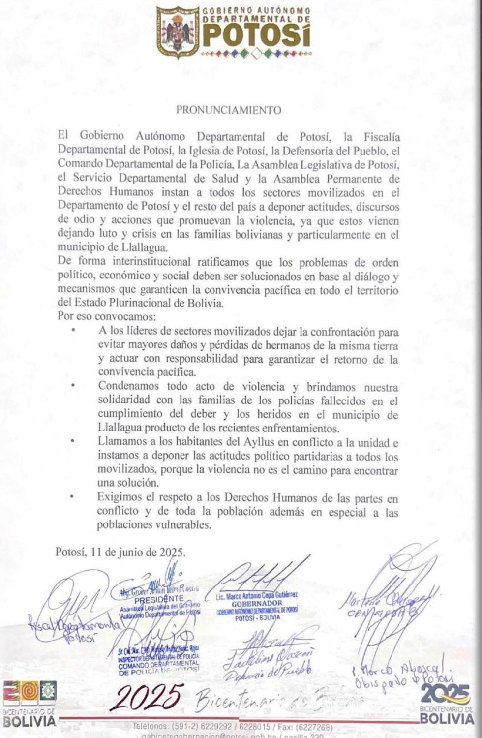Hicieron un llamado a la pacificación 