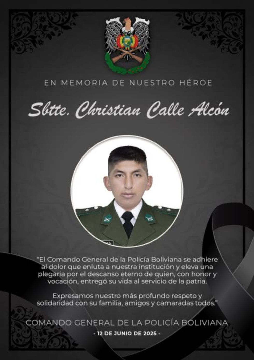 Condolencia publicada por la Policía Boliviana