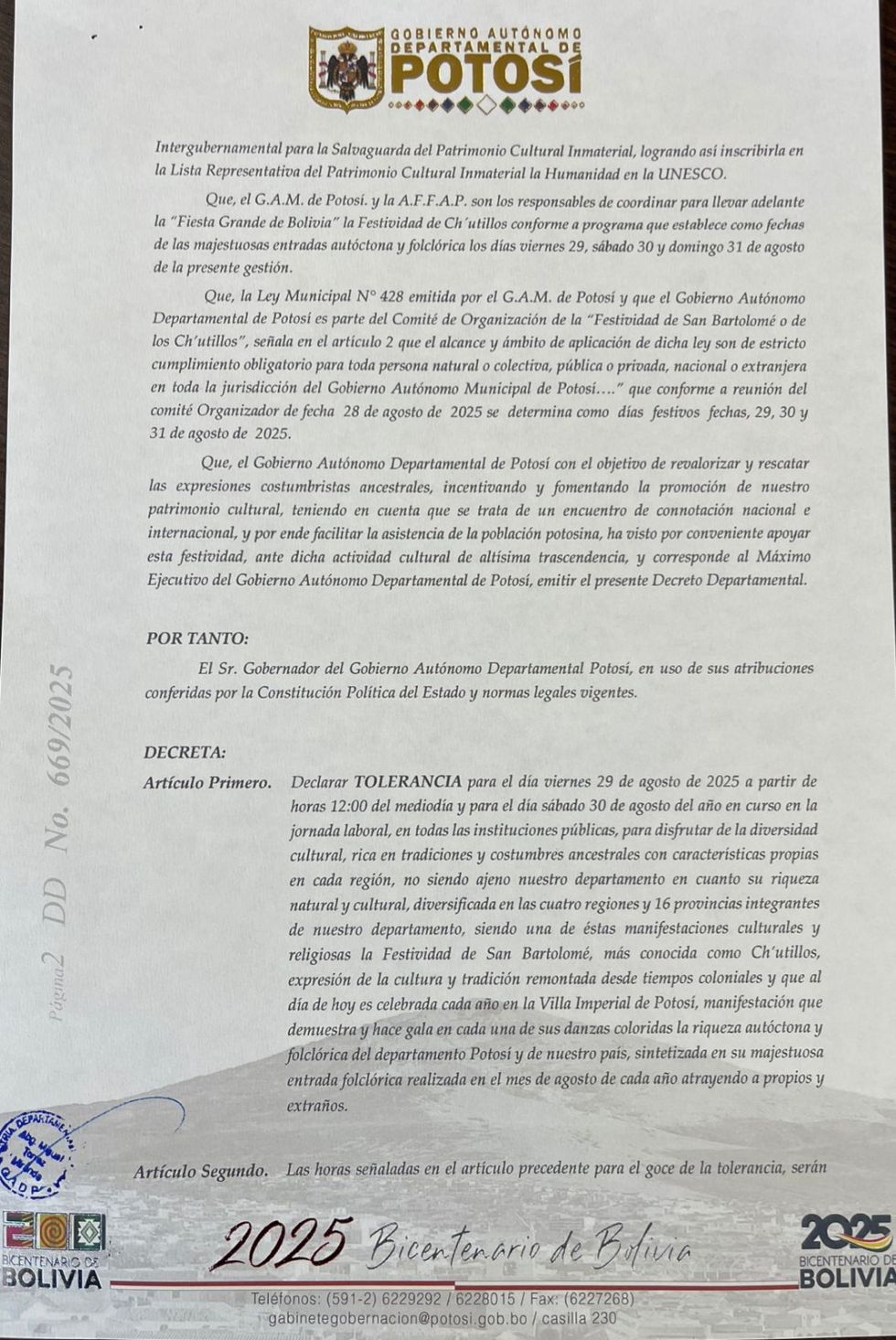 Decreto Departamental. GADP
