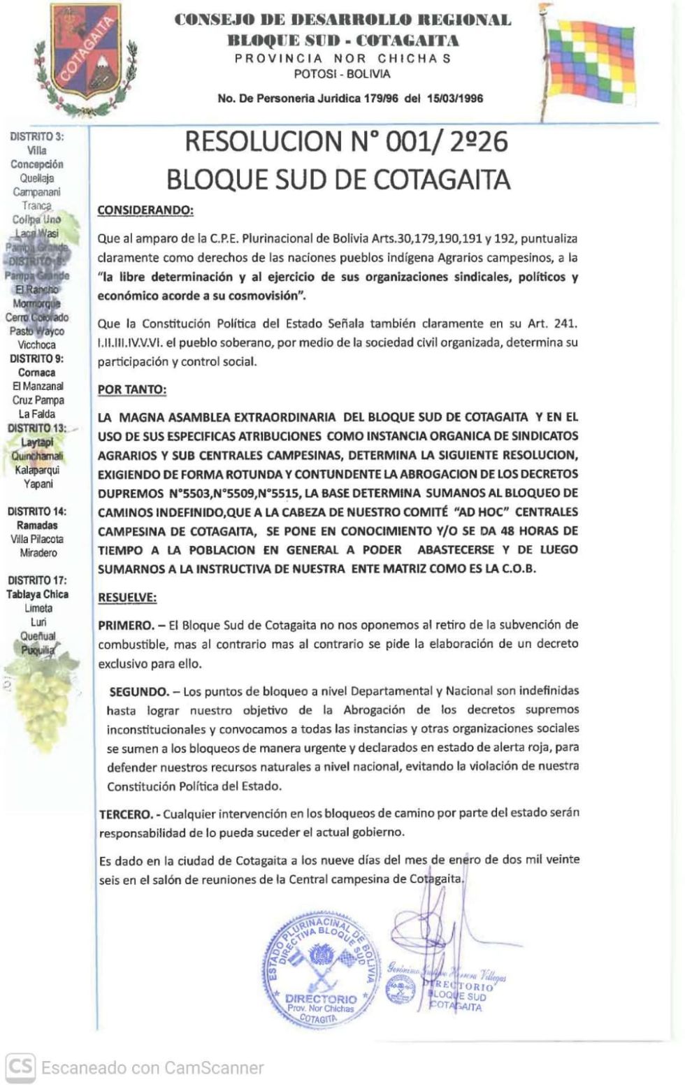Comunicado de la organización