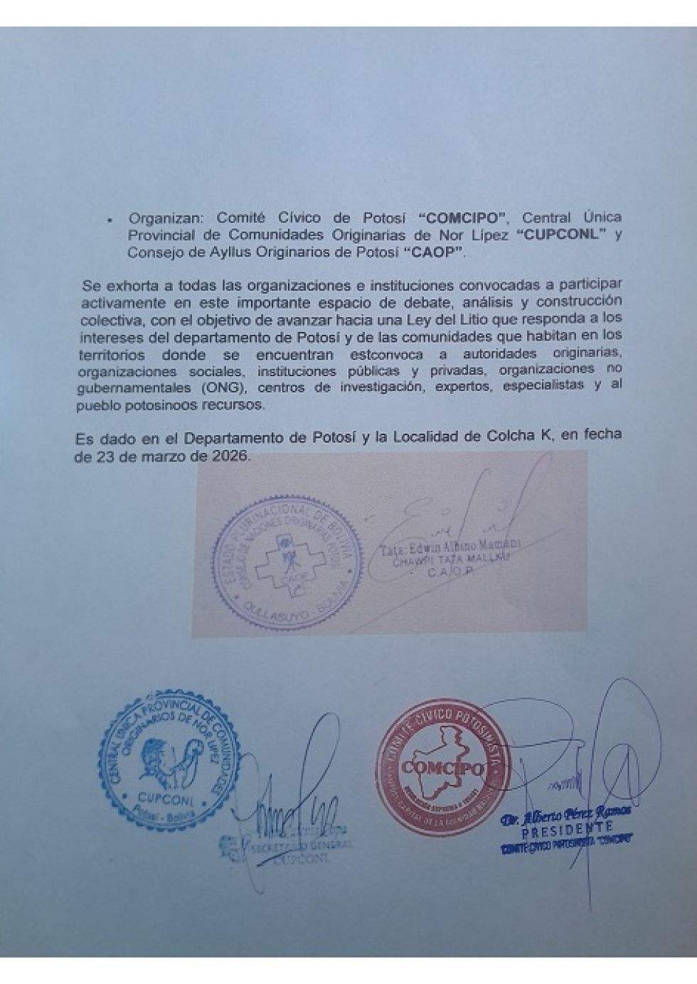 Comcipo convoca a segunda pre cumbre del litio en Colcha K