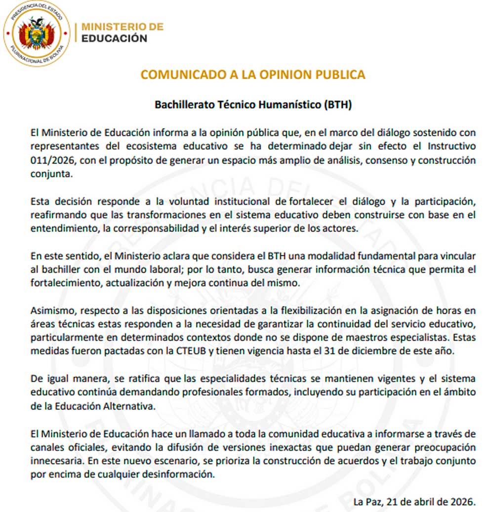 Comunicado del Ministerio de Educación.