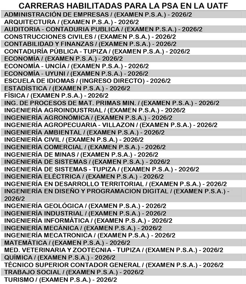 UATF habilita registro de postulantes para el examen de ingreso