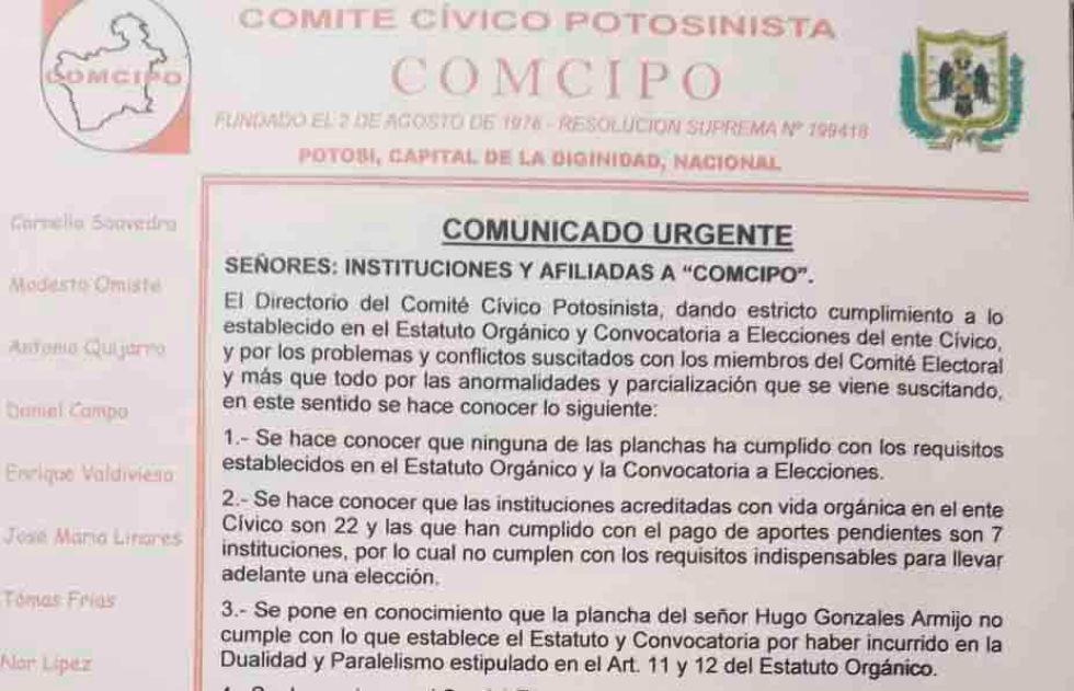 Se complica la elección de dirigentes del Comité Cívico Potosinista