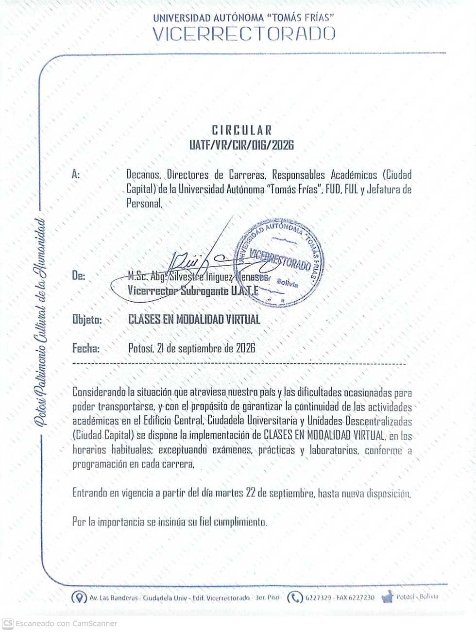 UATF dispone clases virtuales desde el 22 de septiembre