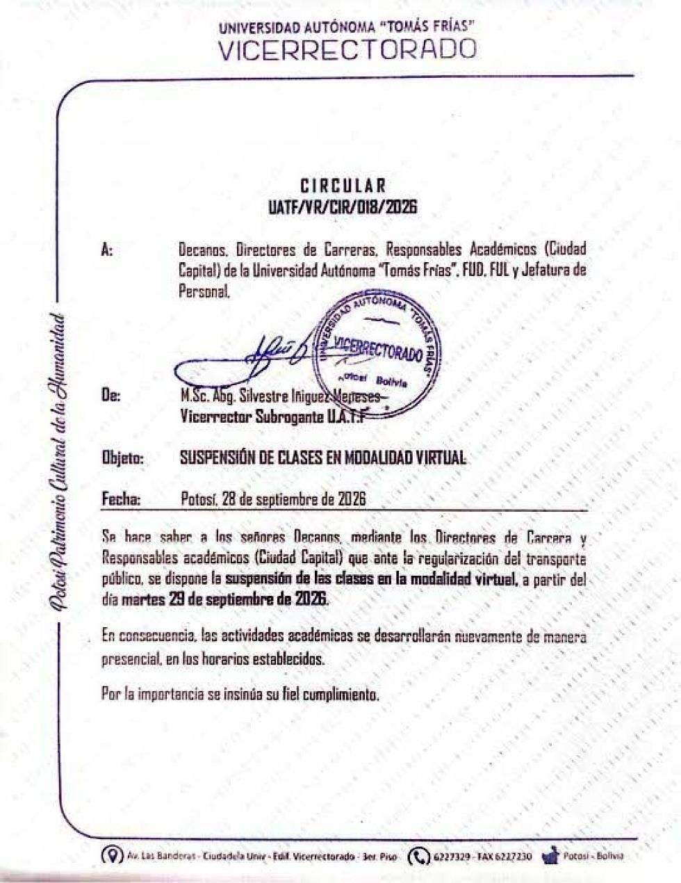 UATF decide volver a clases presenciales